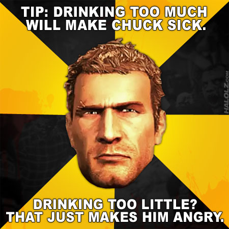 TIP: DRINKING TOO MUCH WILL MAKE CHUCK SICK. DRINKING TOO LITTLE? THAT JUST MAKES HIM ANGRY.